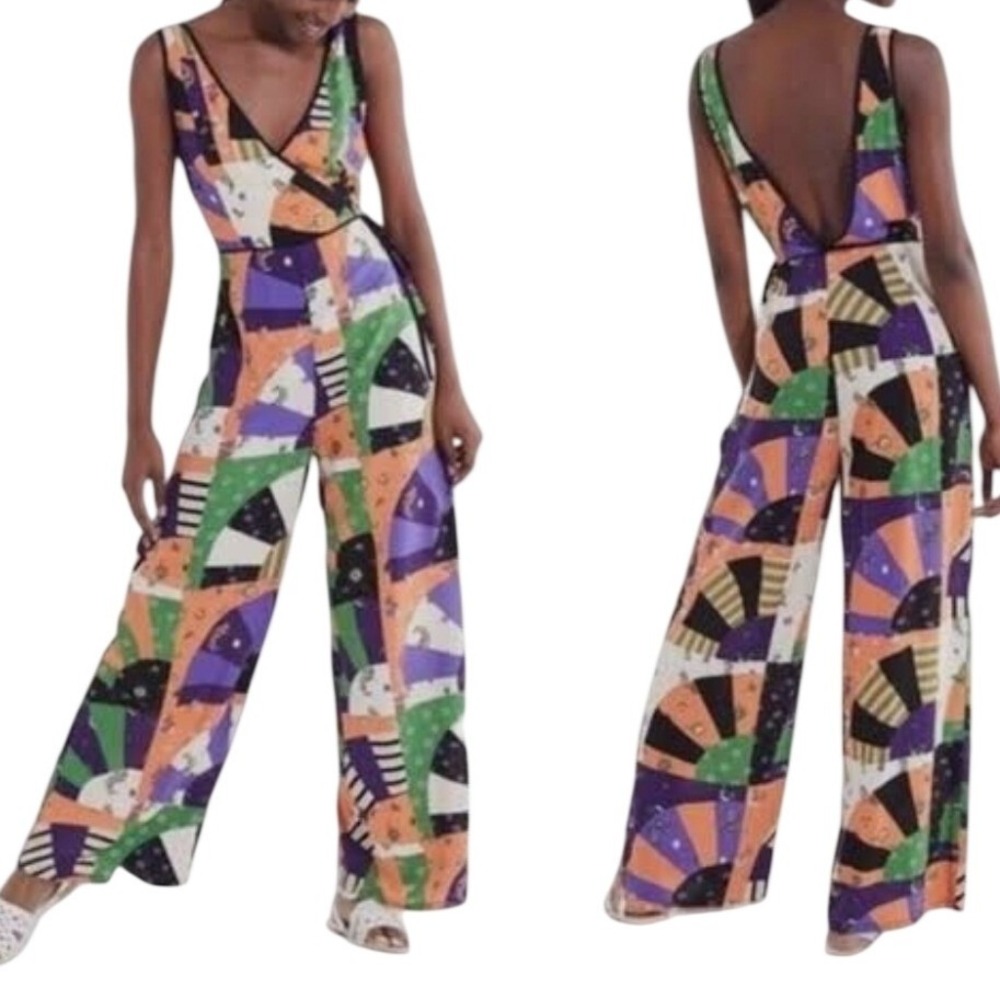 Urban Outfitters Patchwork Wide Leg Jumpsuit Multi Color Rayon Sleeveless Size 6